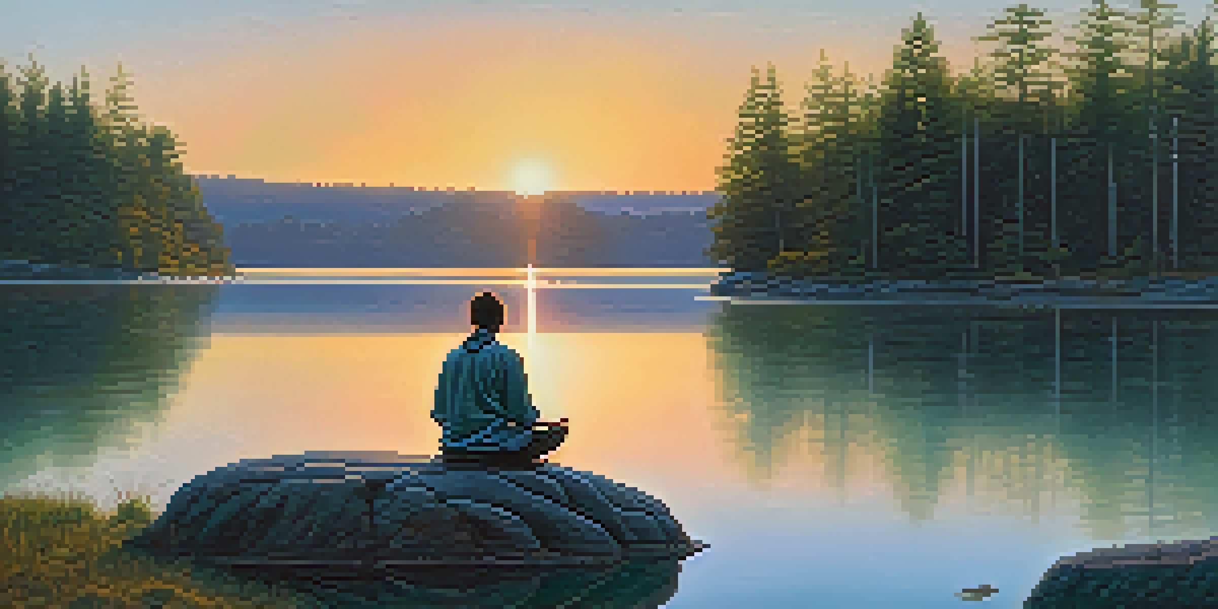 A peaceful lake at sunset with a person meditating on a rock, surrounded by trees.