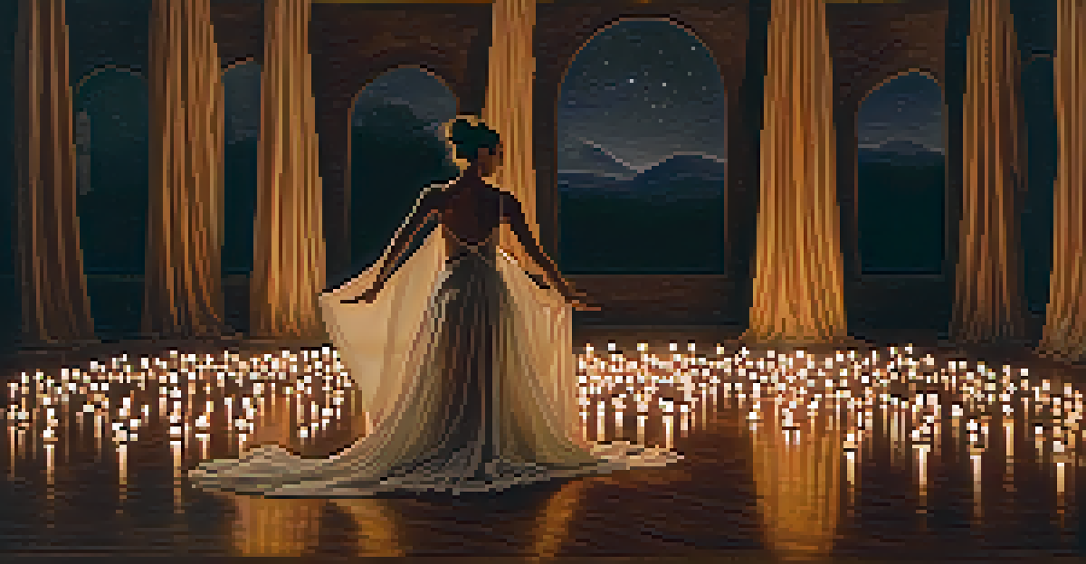 A solo dancer performing a ritualistic dance in a sacred space, surrounded by candles and soft fabric drapes, creating a mystical atmosphere.