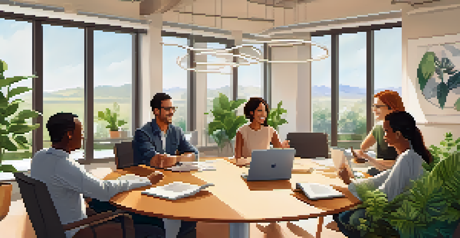 A bright conference room with team members engaged in discussion, surrounded by inspiring artwork and plants.