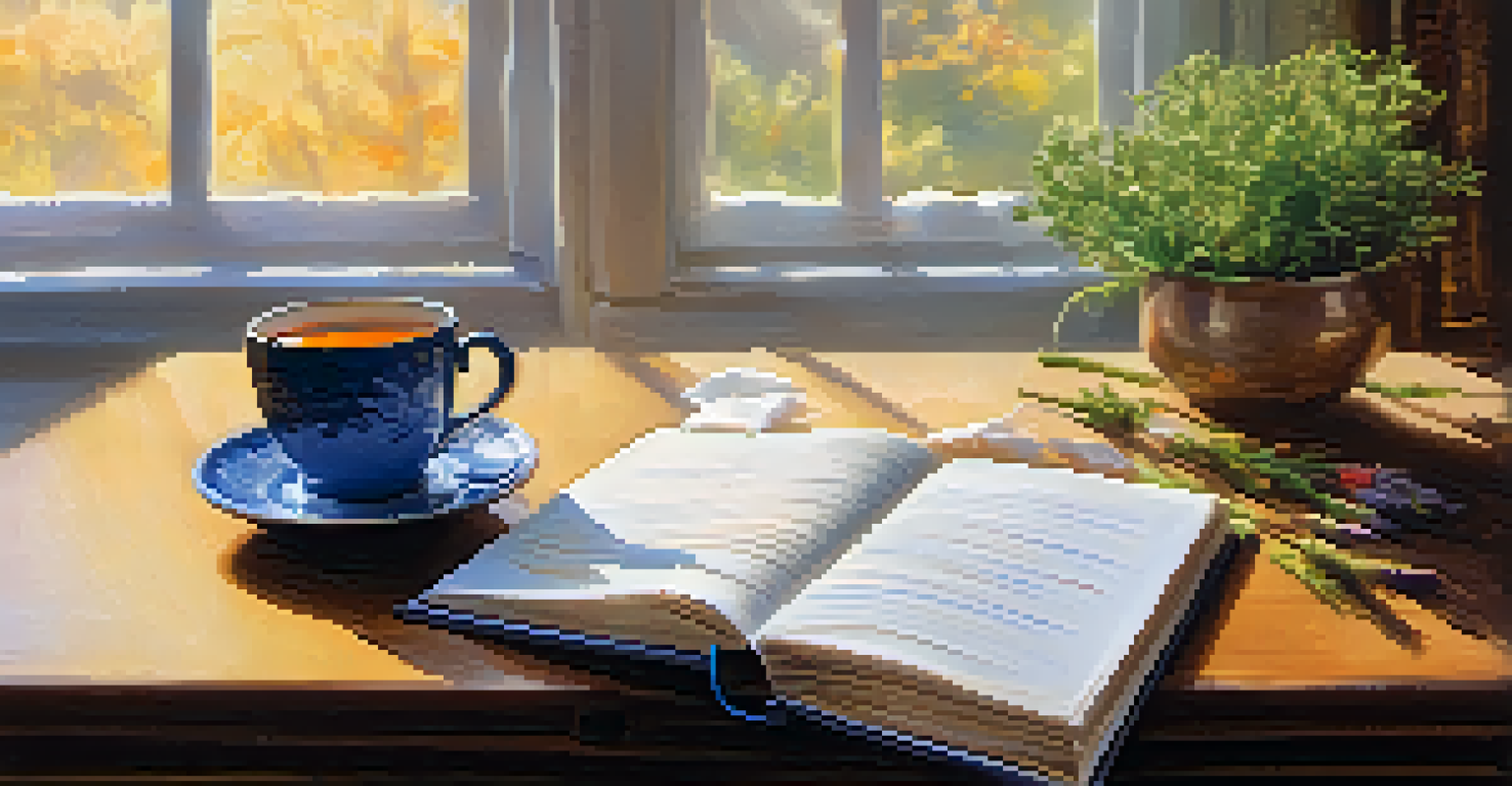 A gratitude journal opened on a table with a cup of tea and a cozy blanket in the background.