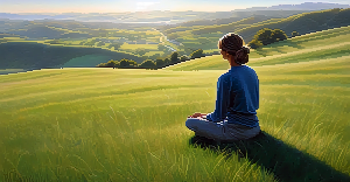 A person meditating on a grassy hillside during sunrise, surrounded by rolling hills and a clear sky.