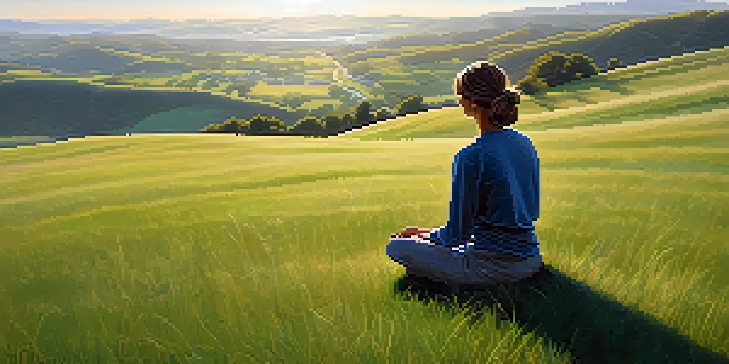 A person meditating on a grassy hillside during sunrise, surrounded by rolling hills and a clear sky.