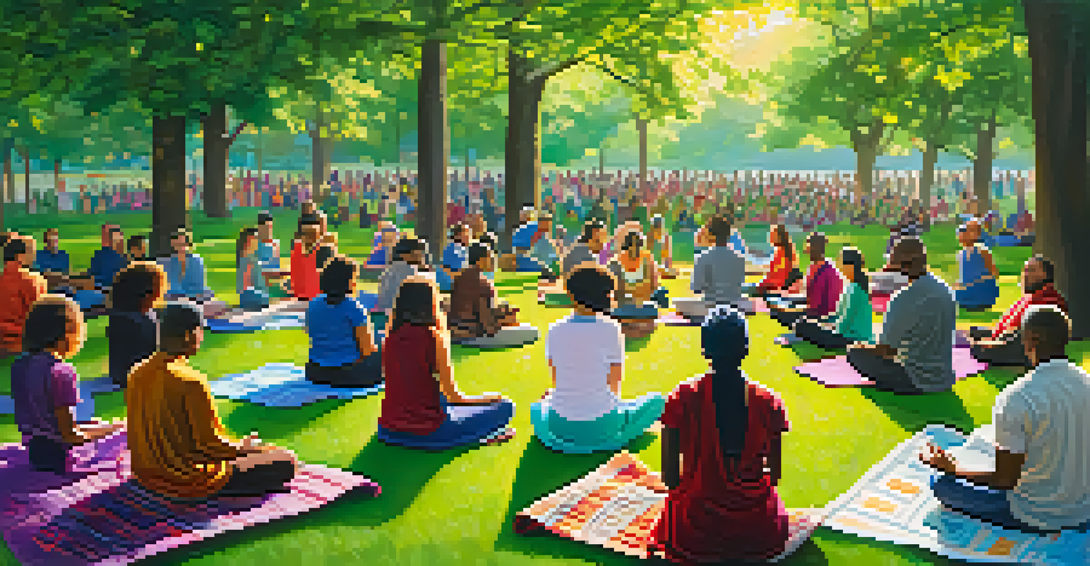 A diverse group of people meditating together in a park.