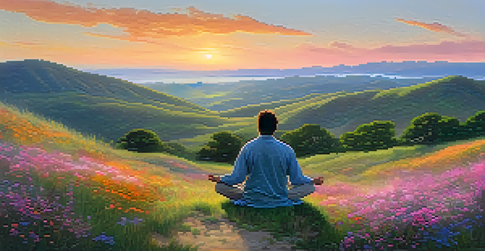 A person meditating on a hill at sunrise, surrounded by colorful wildflowers and rolling hills in the background.