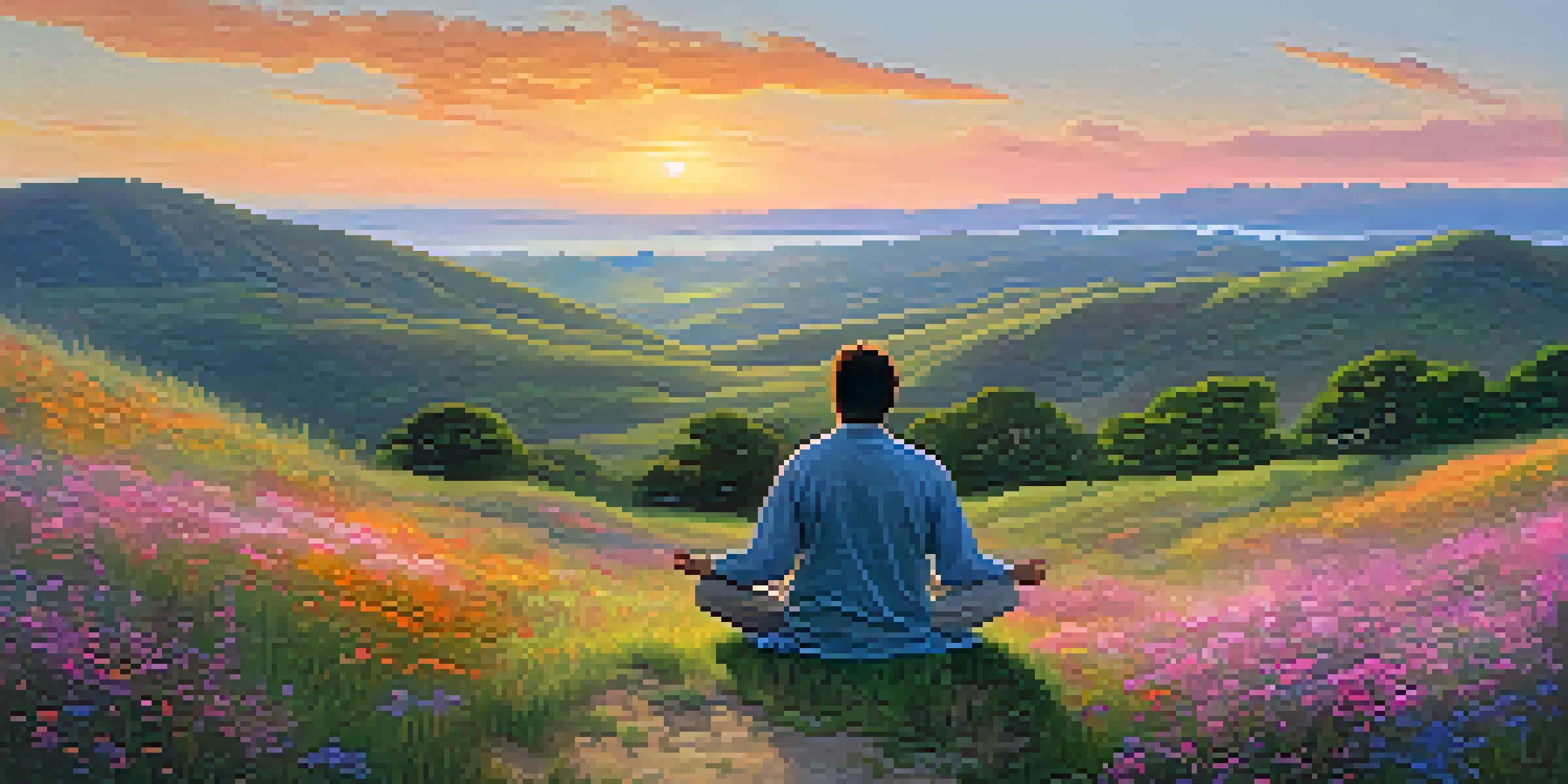 A person meditating on a hill at sunrise, surrounded by colorful wildflowers and rolling hills in the background.