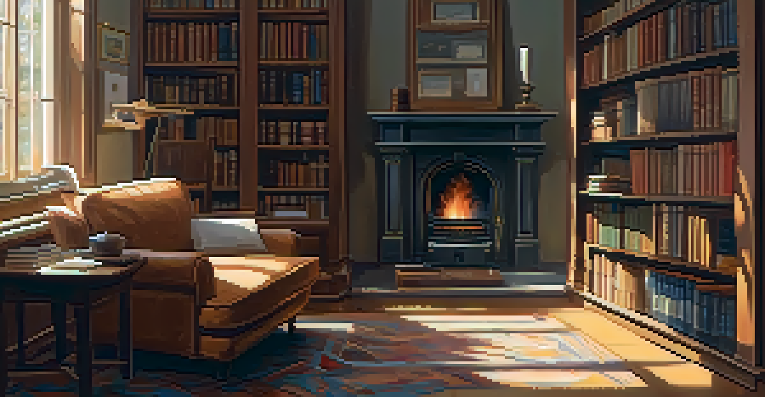 A warm study room with books on philosophy, an armchair, and a fireplace.