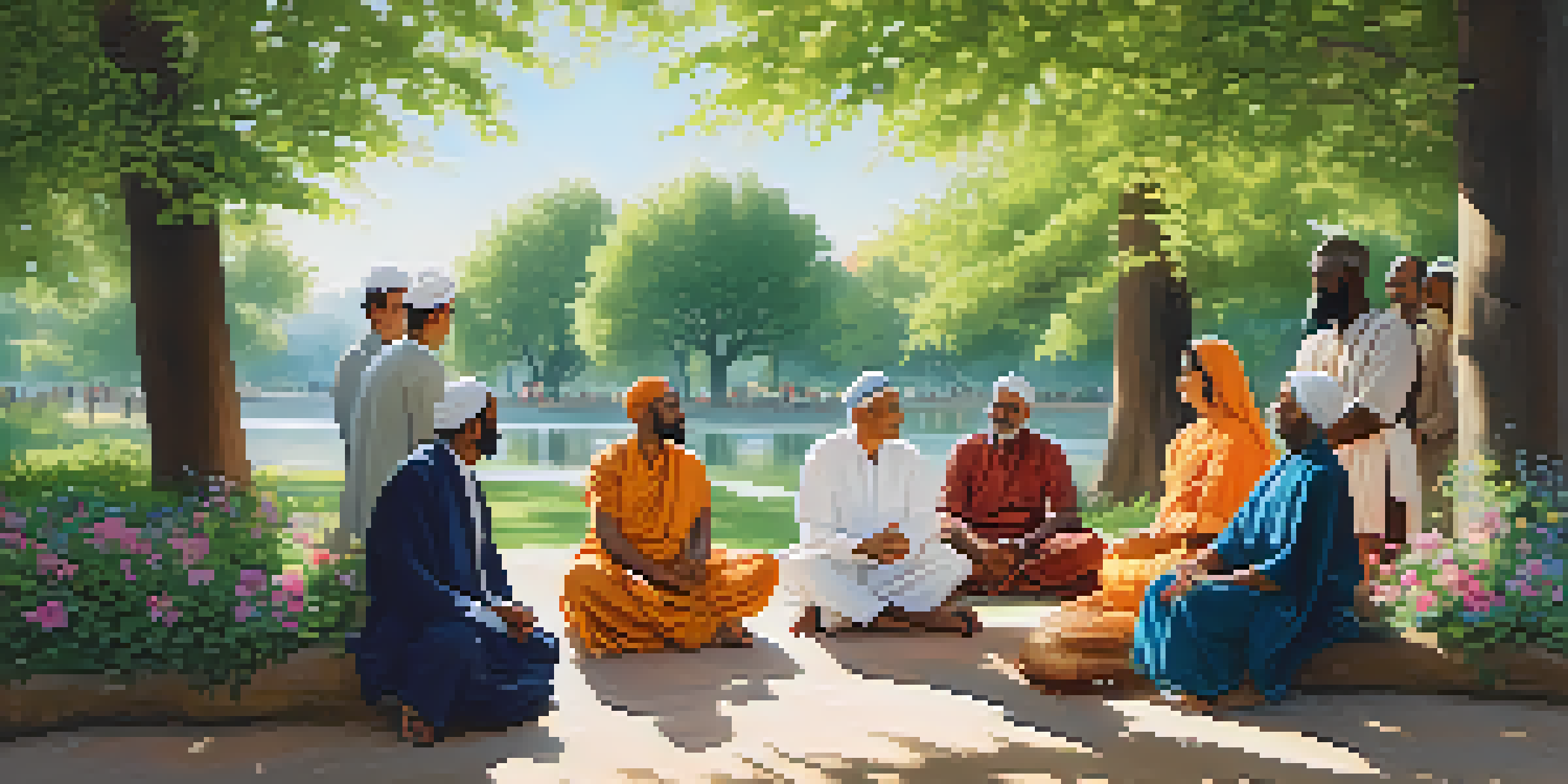 A diverse group of people from different religious backgrounds engaging in conversation under a blossoming tree in a peaceful park.