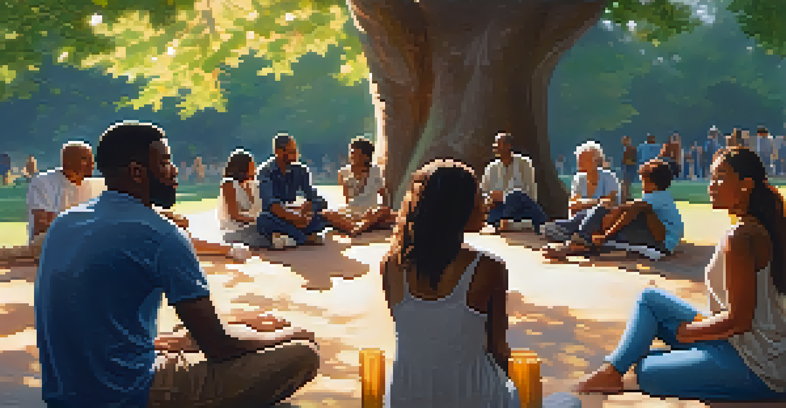 A group of diverse people sitting in a circle under a tree, sharing stories and fostering empathy.