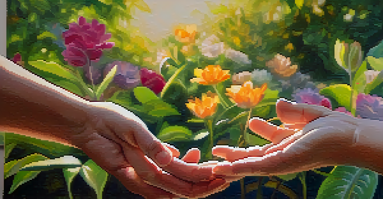 A close-up of a young hand holding an elderly hand in a peaceful garden, symbolizing connection and compassion.