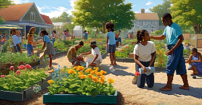 A diverse group of people engaged in various activities in a community garden, surrounded by plants and flowers, with bright sunlight illuminating the scene.