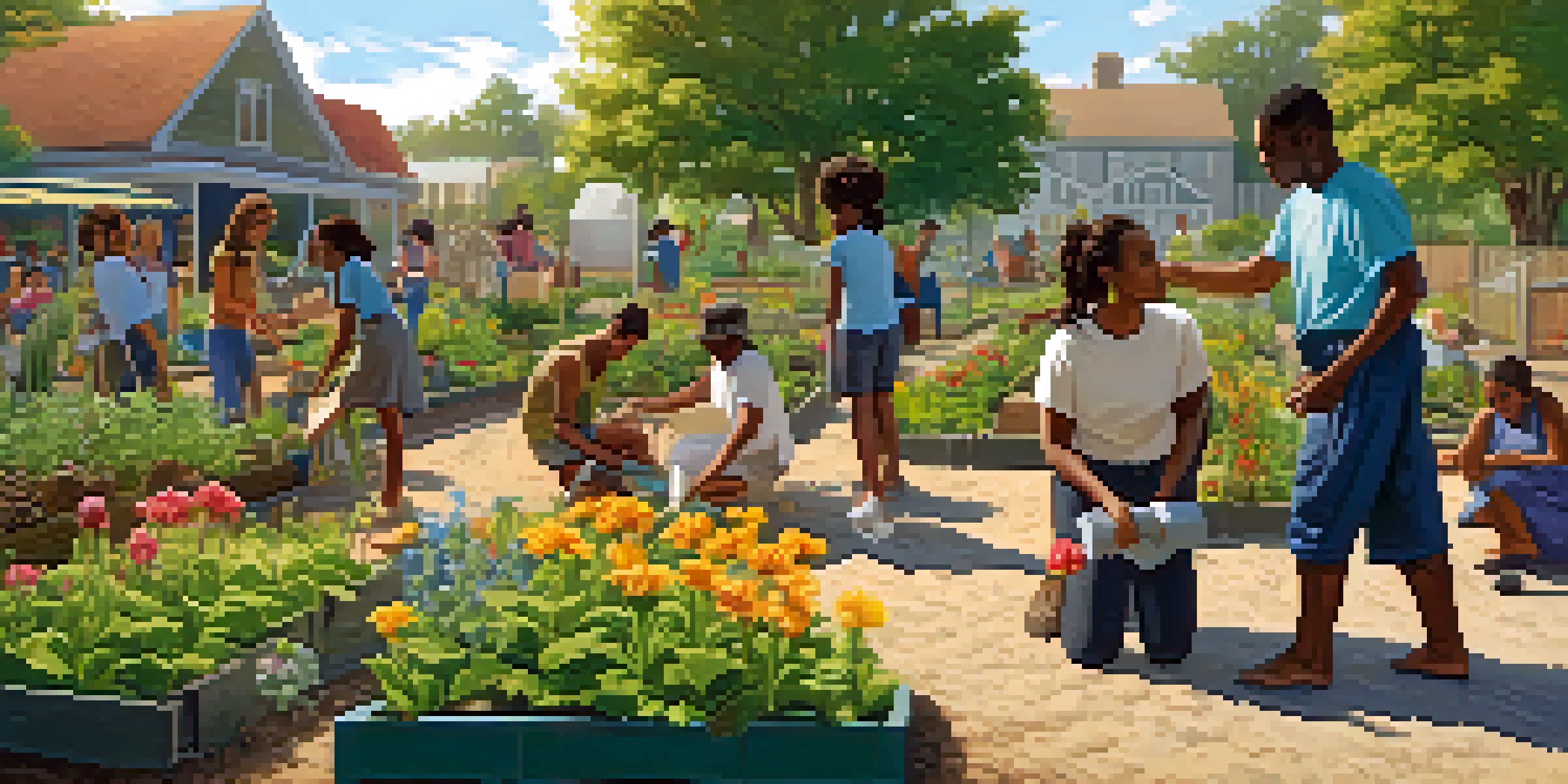 A diverse group of people engaged in various activities in a community garden, surrounded by plants and flowers, with bright sunlight illuminating the scene.