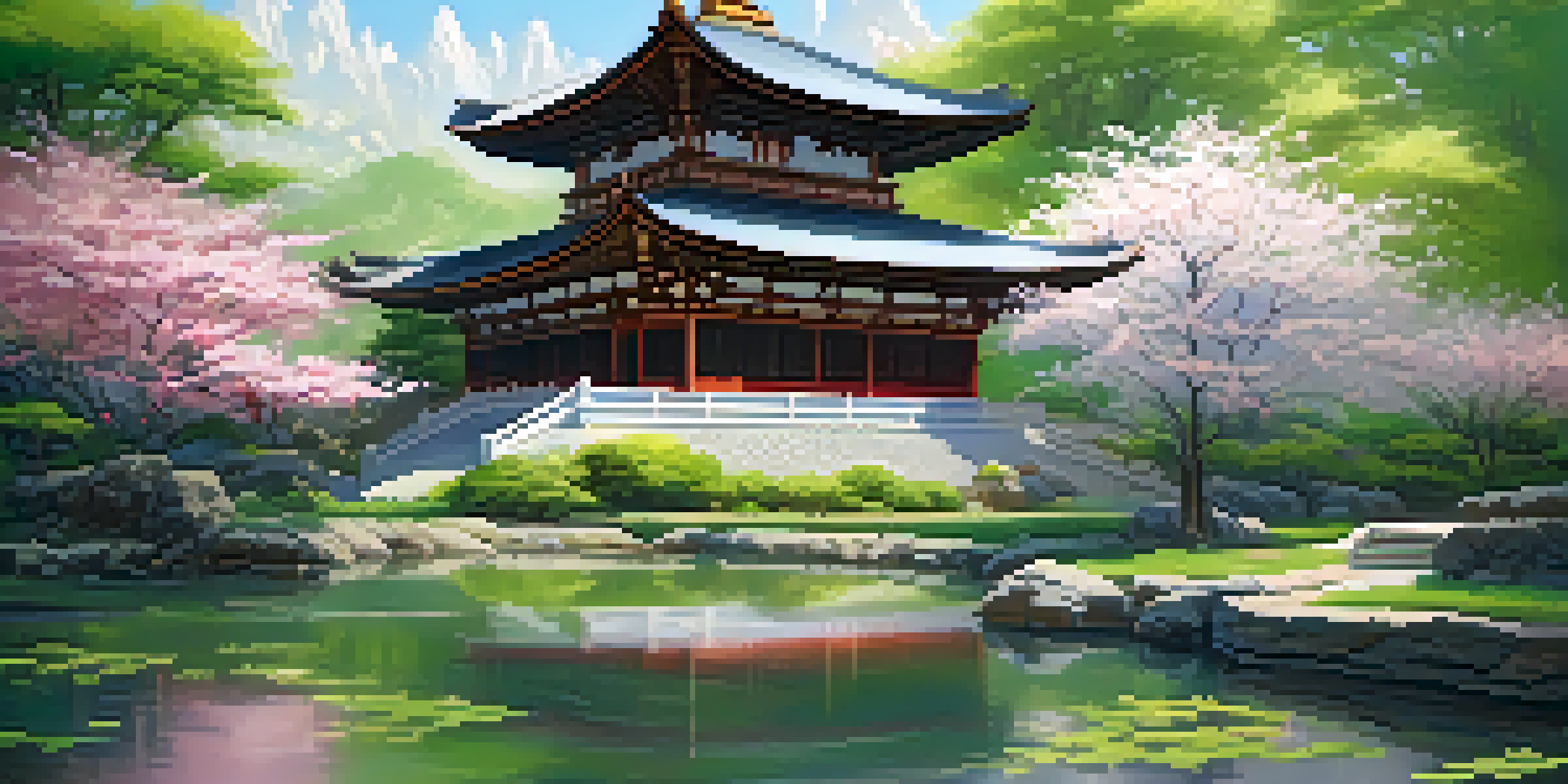 A peaceful Buddhist temple in a green landscape with cherry blossom trees and a stream.