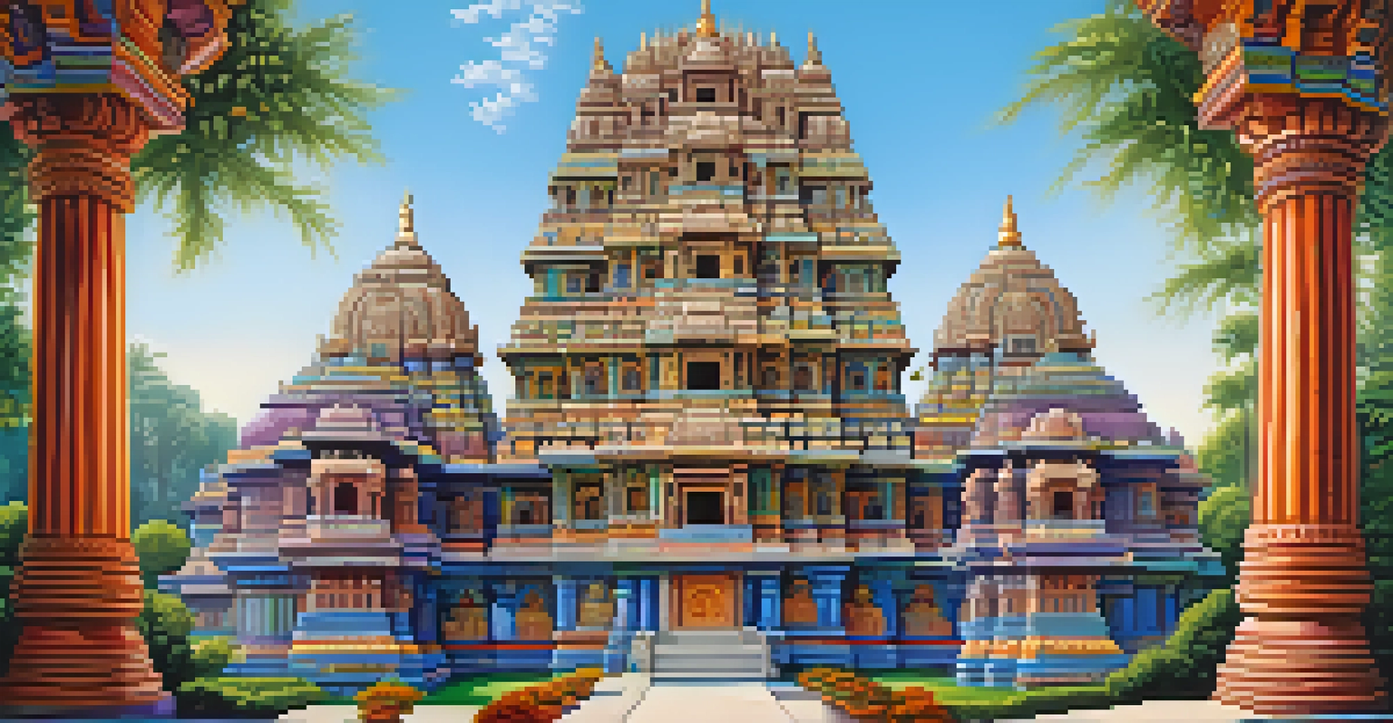 A colorful Hindu temple with intricate carvings and patterns, surrounded by lush gardens under a clear blue sky.