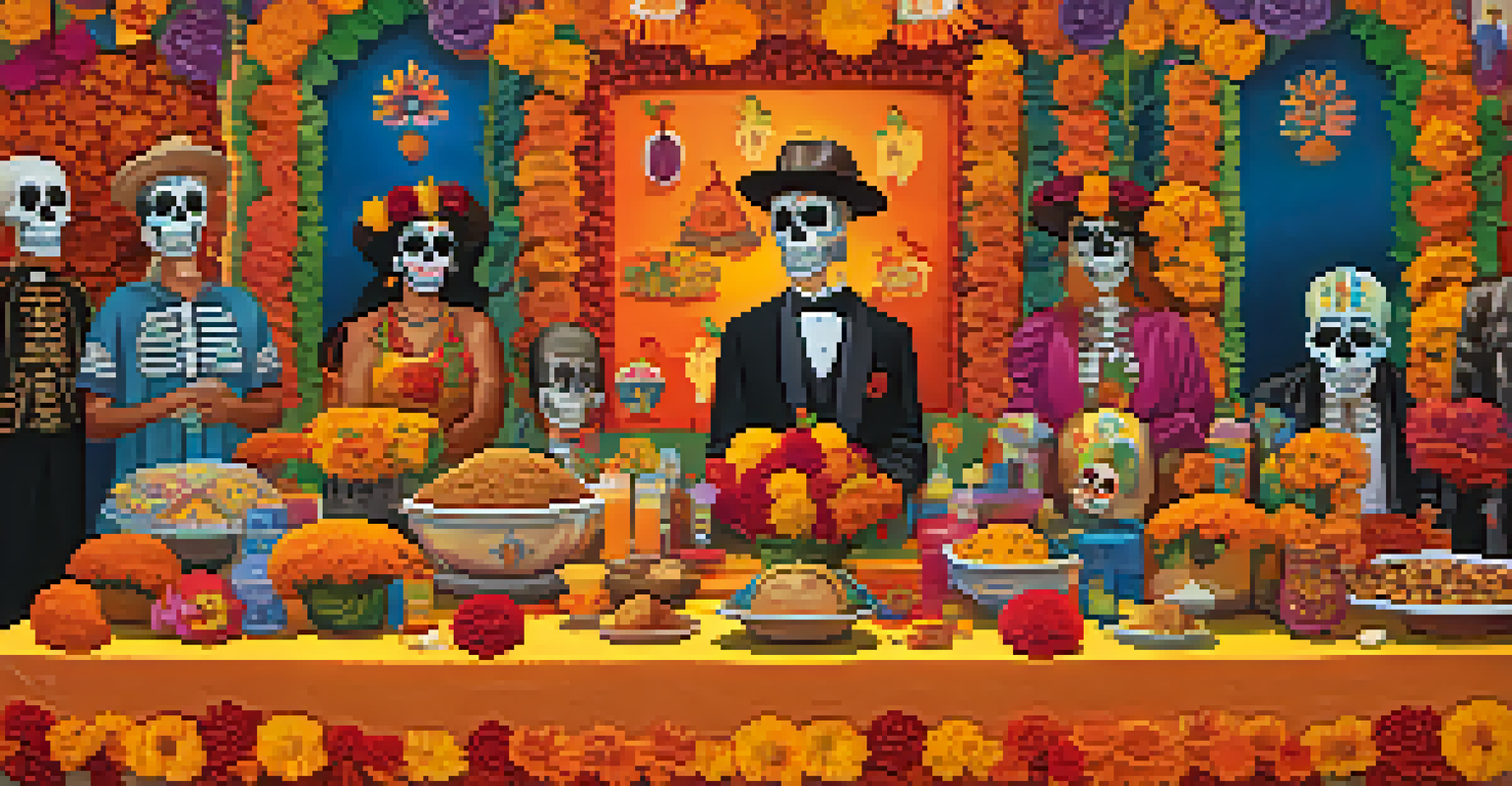 A lively Día de los Muertos gathering with a decorated altar, colorful decorations, and families sharing stories.