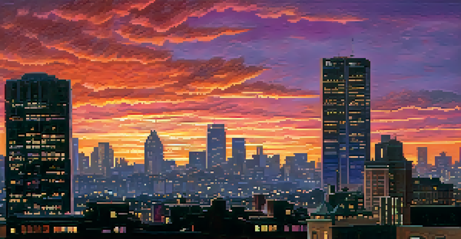 A city skyline silhouette during a colorful sunset.