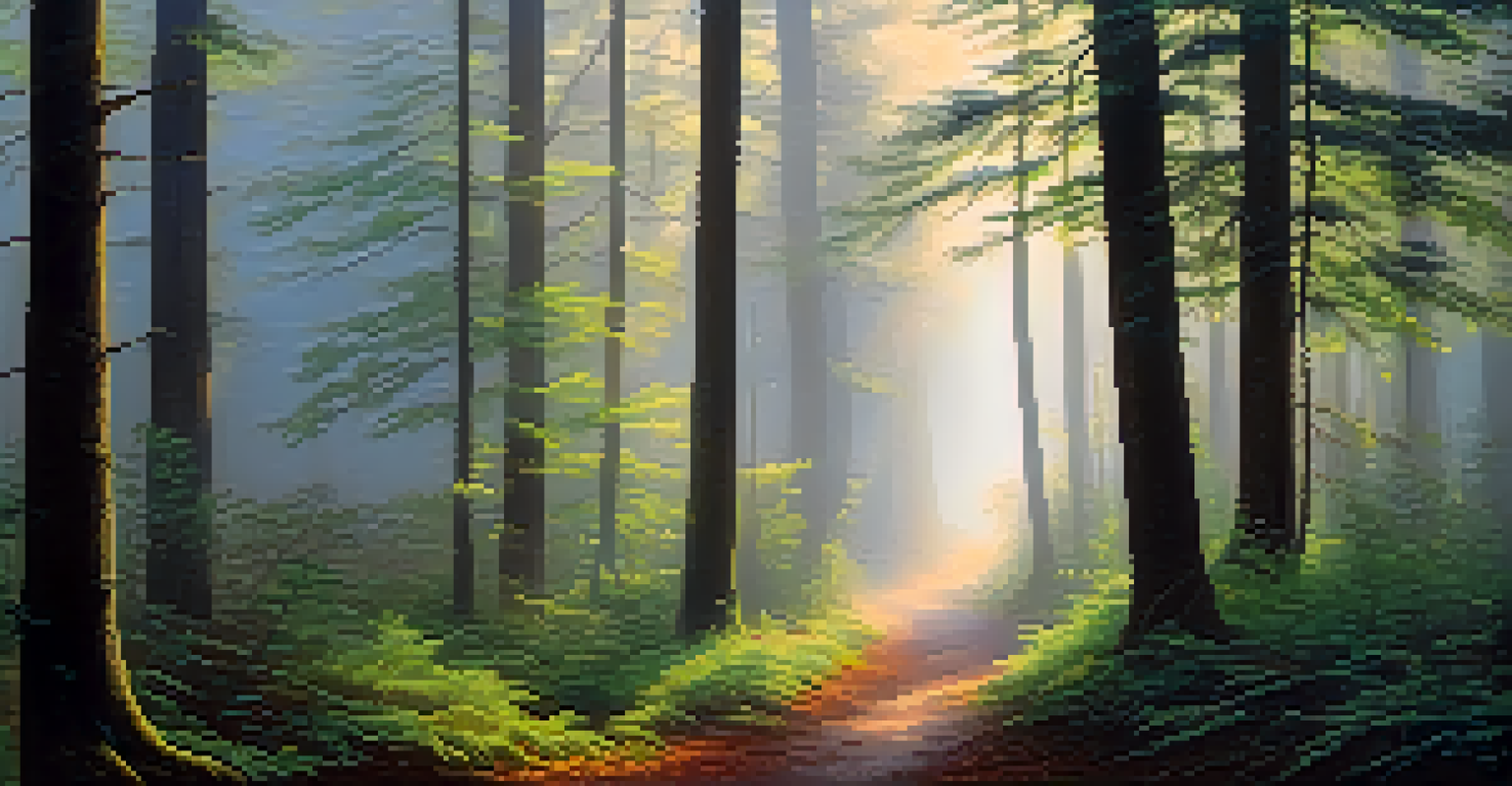 A misty forest at dawn with sunlight filtering through trees and a winding path.