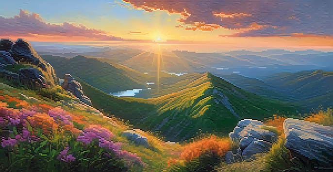 A stunning sunset view from a mountain summit, with warm colors in the sky and a misty valley below.