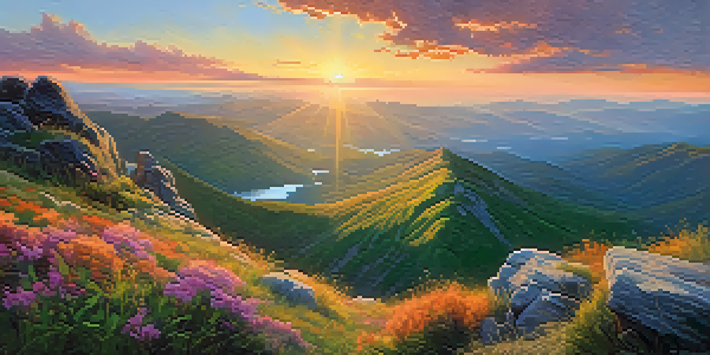 A stunning sunset view from a mountain summit, with warm colors in the sky and a misty valley below.
