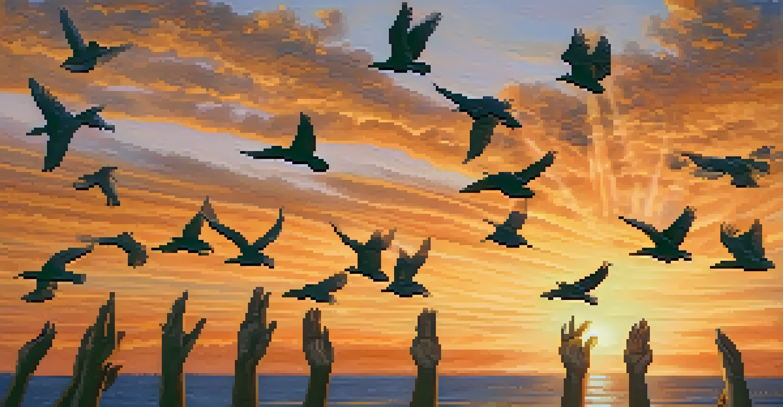 Hands releasing birds into the sky at sunset, symbolizing the release of past grievances and emotional freedom.