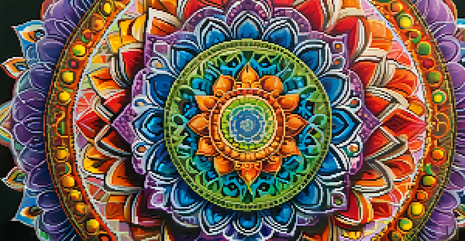 A colorful mandala representing the chakras, designed with floral patterns and vibrant colors.