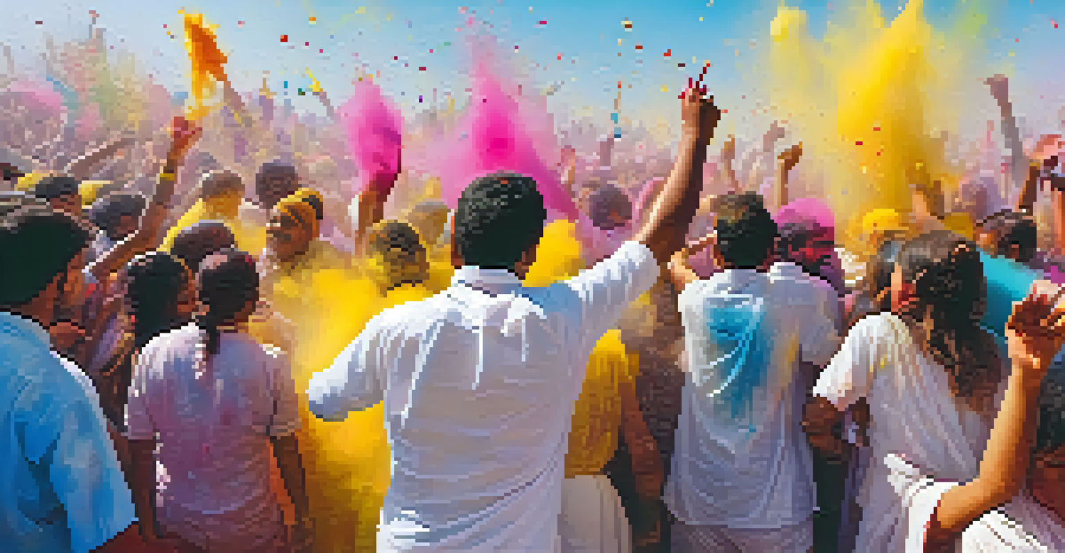 A festive Holi celebration with people throwing colored powders in the air, creating a colorful and joyful atmosphere.