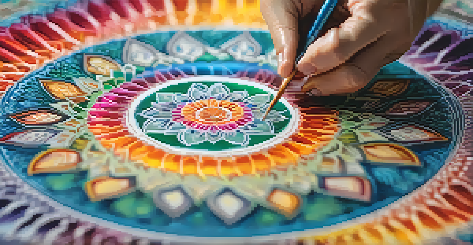 An artist's hands painting a colorful mandala on a canvas, highlighting the intricate patterns and the creative process.