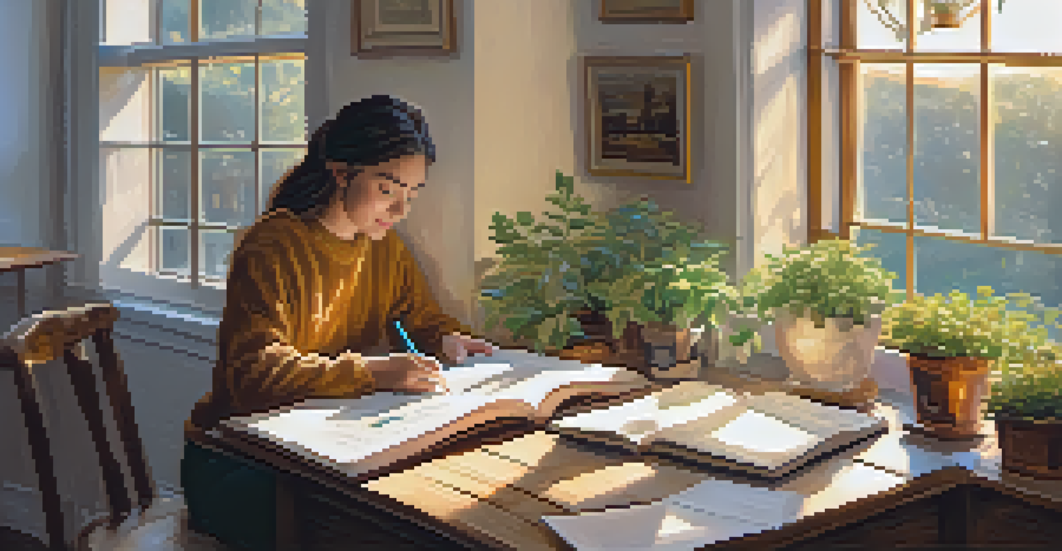 A cozy indoor setting with a person journaling at a wooden table, a cup of tea beside them, and sunlight illuminating the scene.