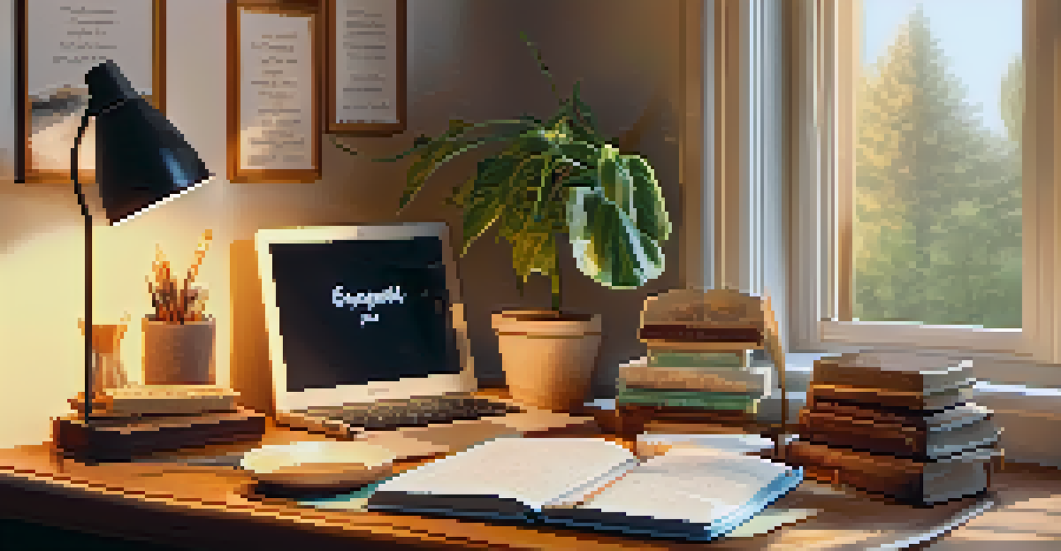A warm and inviting home office with a desk, gratitude journal, tea, and inspirational decorations.