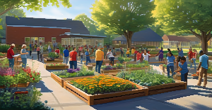 A community center with diverse volunteers planting a garden in sunlight, creating a warm and inviting atmosphere.