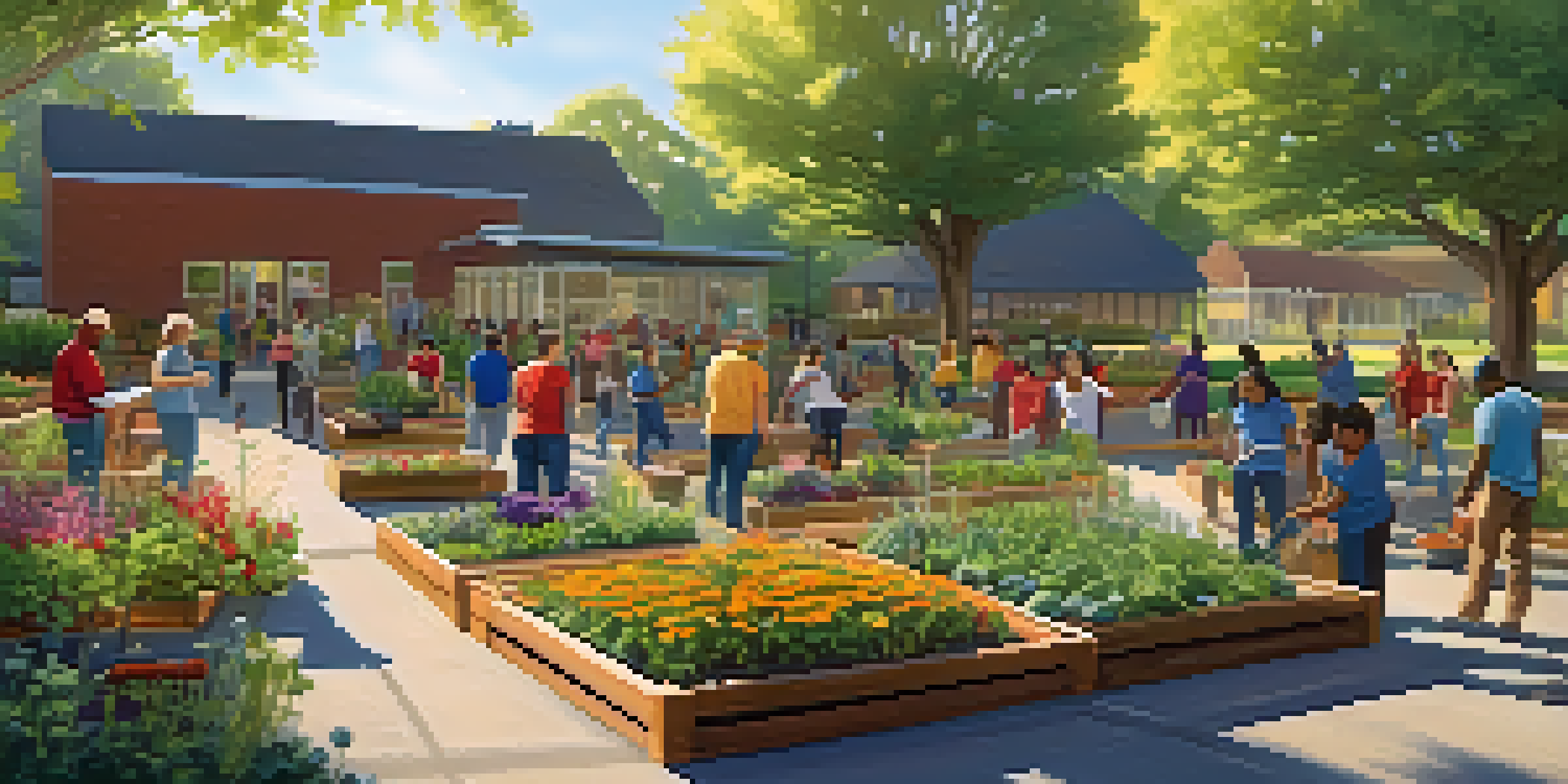 A community center with diverse volunteers planting a garden in sunlight, creating a warm and inviting atmosphere.