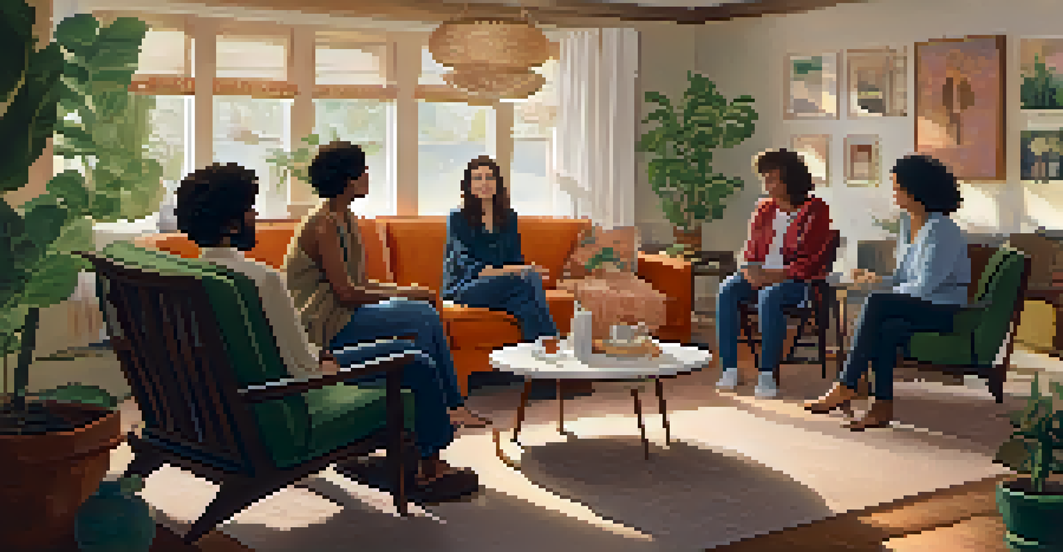A cozy indoor support group meeting with people sitting in a circle, sharing experiences in a warm, inviting atmosphere.