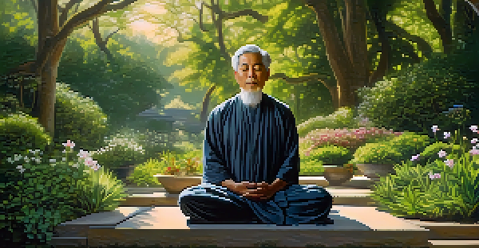 A spiritual leader meditating in a tranquil garden filled with green plants and flowers, illuminated by soft sunlight.