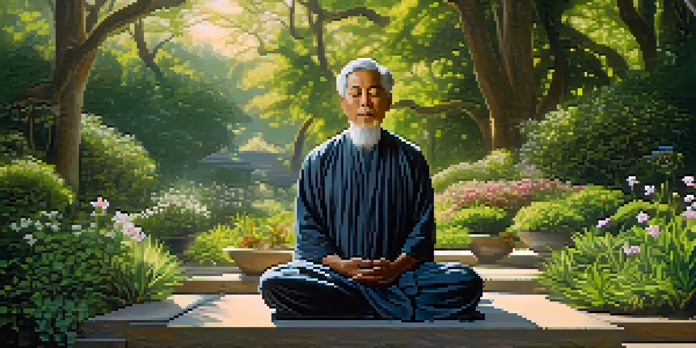 A spiritual leader meditating in a tranquil garden filled with green plants and flowers, illuminated by soft sunlight.