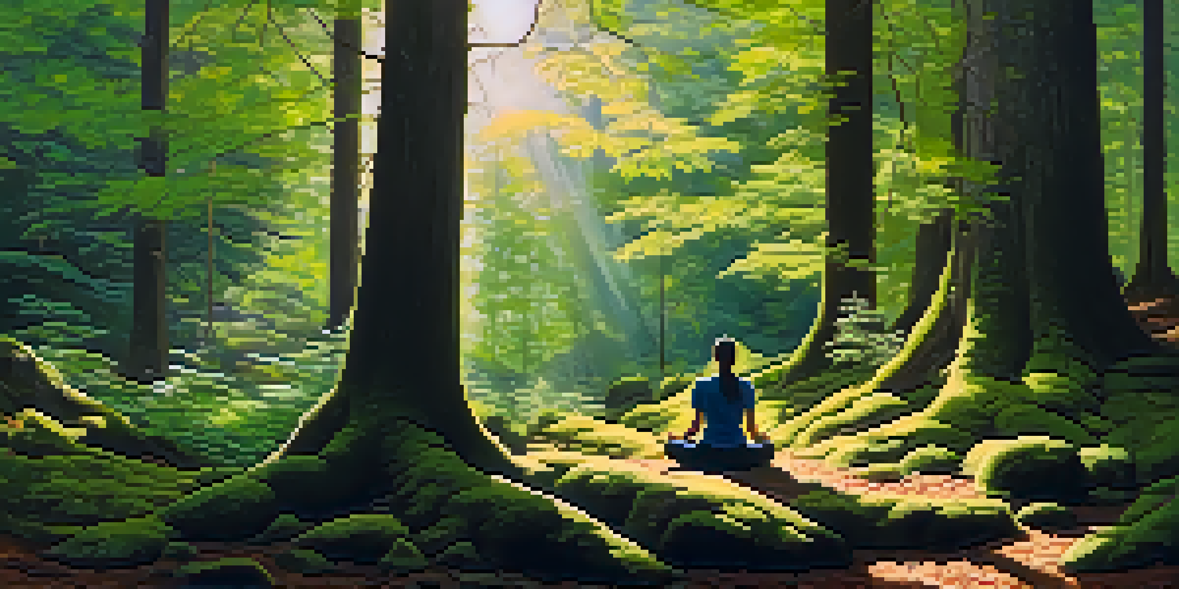 A person meditating in a sunlit forest surrounded by trees and greenery.