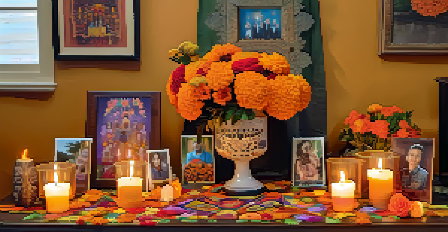 A beautifully decorated altar for the Day of the Dead with marigold flowers, papel picado, and candlelight.