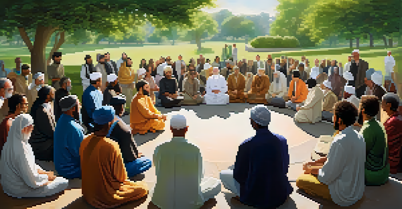 An interfaith group of religious leaders discussing social justice in a peaceful park.