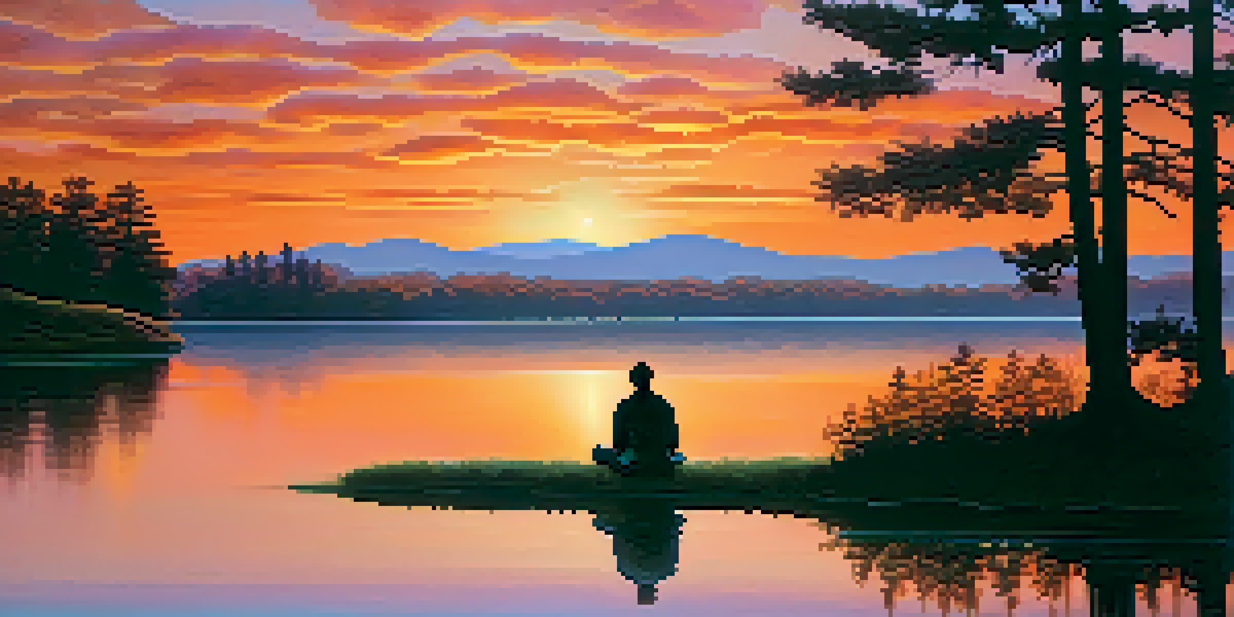 A peaceful sunset over a calm lake with vibrant colors reflecting on the water, and a person sitting on the shore in contemplation.
