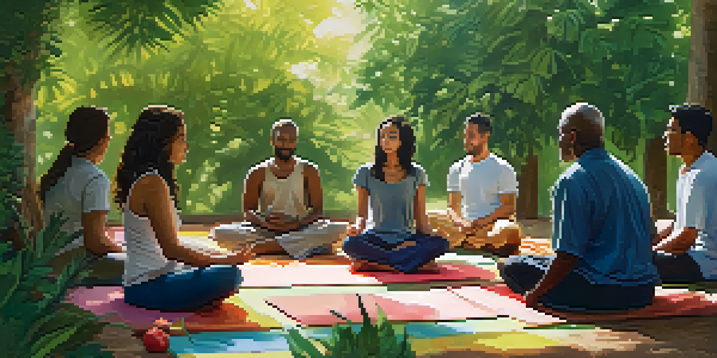 A diverse group of people sitting in a circle on colorful mats practicing meditation in a lush green outdoor setting with soft sunlight filtering through the trees.