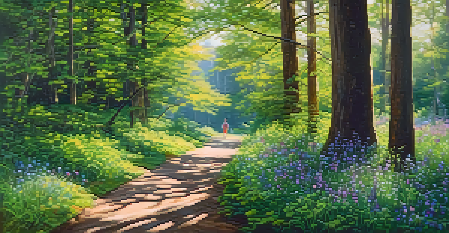 A tranquil forest path with sunlight filtering through trees, where a person walks mindfully surrounded by greenery and wildflowers.
