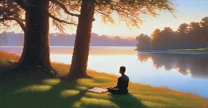 A person meditating by a calm lake at sunrise, surrounded by colorful skies and mist.