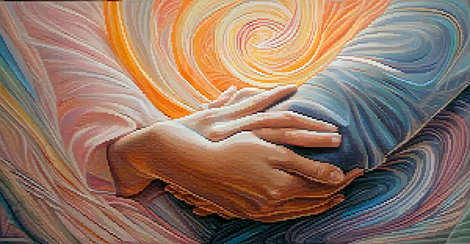 An abstract image showing two hands in a warm hug, surrounded by soft pastel colors, representing compassion and emotional healing.