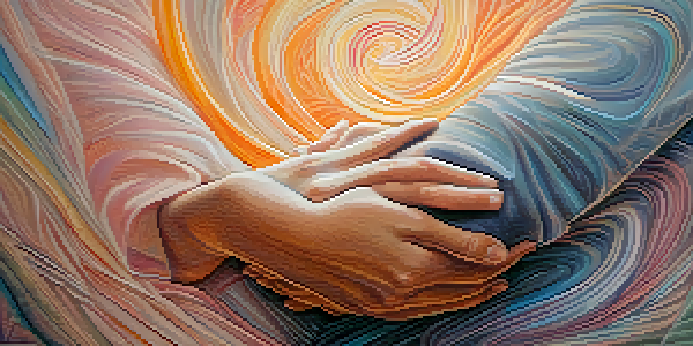 An abstract image showing two hands in a warm hug, surrounded by soft pastel colors, representing compassion and emotional healing.
