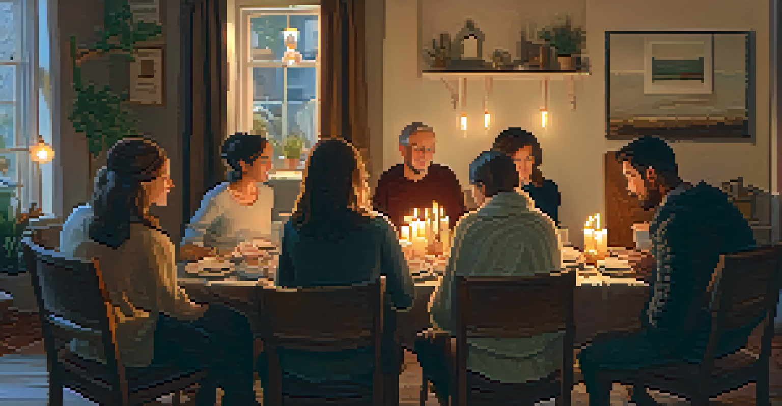 A cozy room with warm lighting, where a group of people is having a supportive conversation, surrounded by candles and soft furnishings.