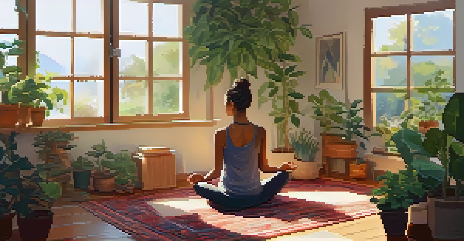 A person meditating on a rug with an open journal and pen nearby, surrounded by a serene indoor garden.