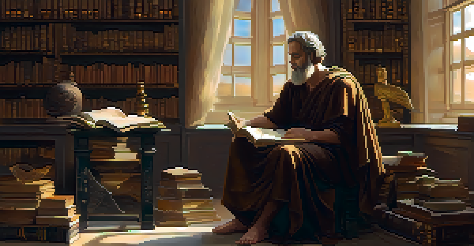A Greek philosopher contemplating a dream journal in a study filled with scrolls, illuminated by warm natural light.