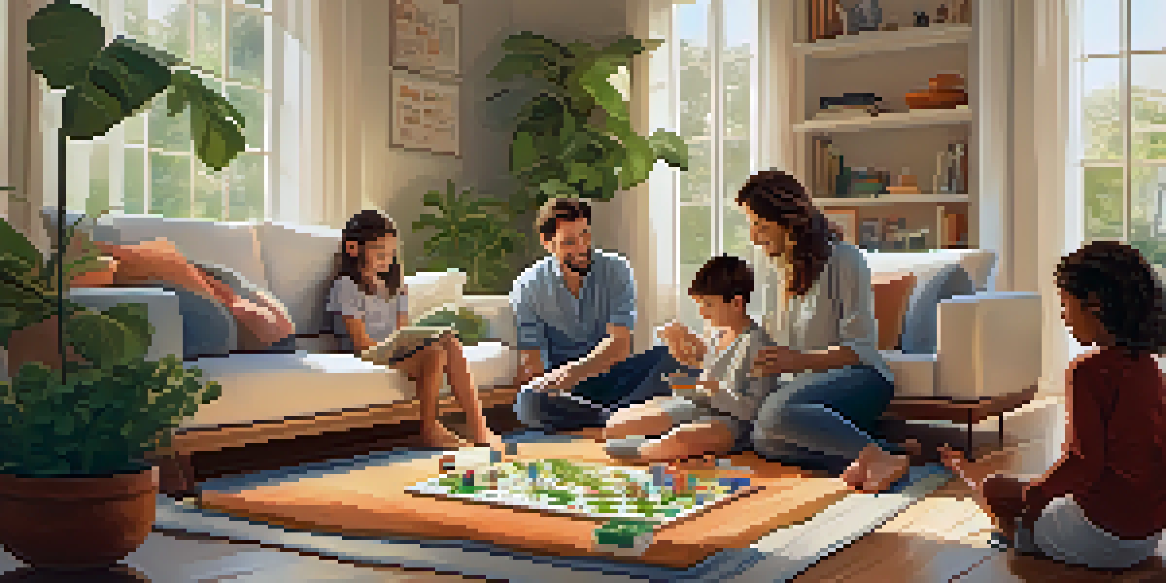 A family sitting together on a rug in a bright living room, playing a board game without screens.