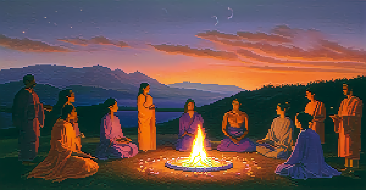 A group of people holding hands around a fire during a sunset ritual, with a colorful sky in the background.