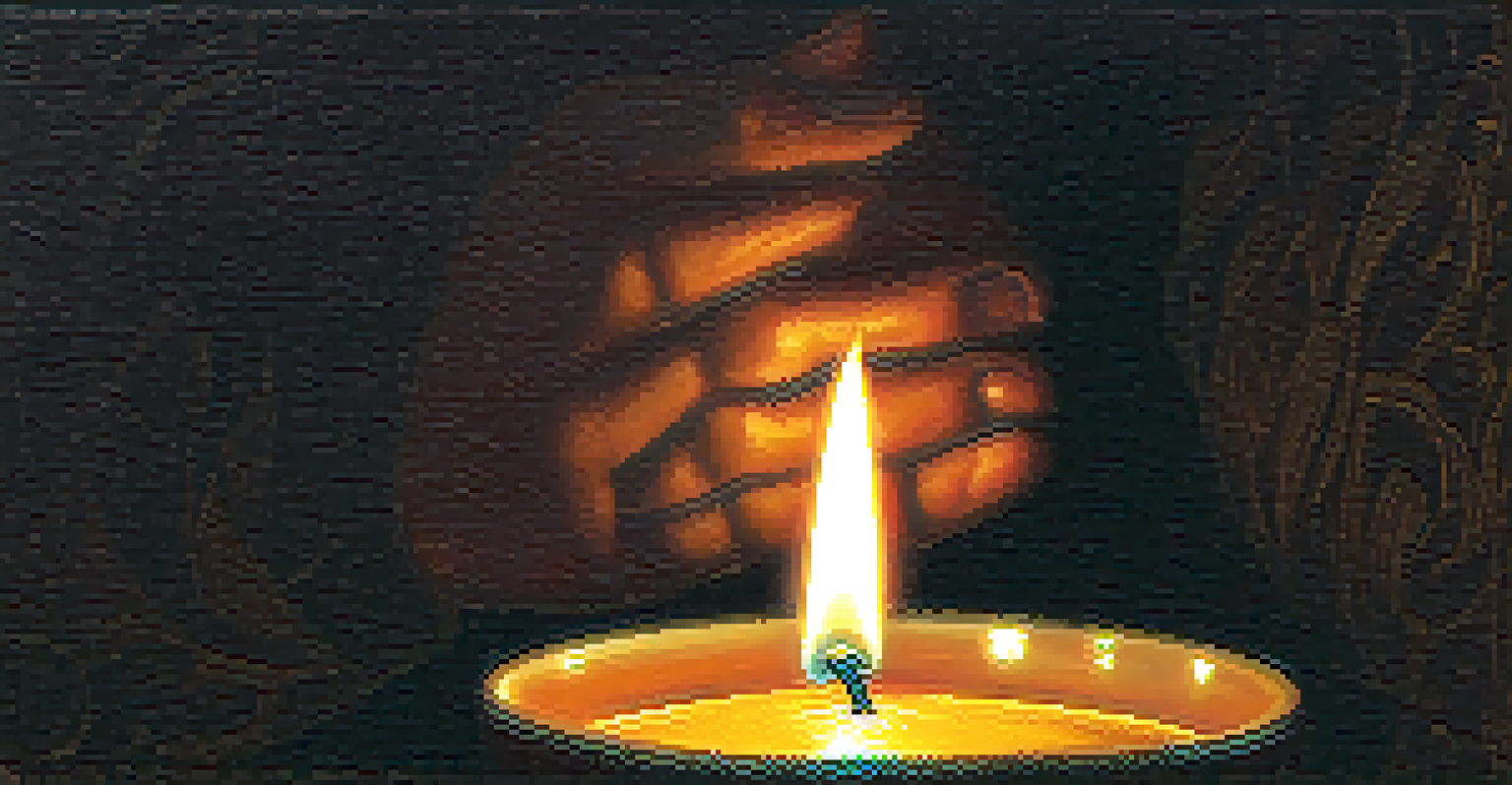 A close-up of hands holding a lit candle in a dimly lit room, representing hope and reflection.