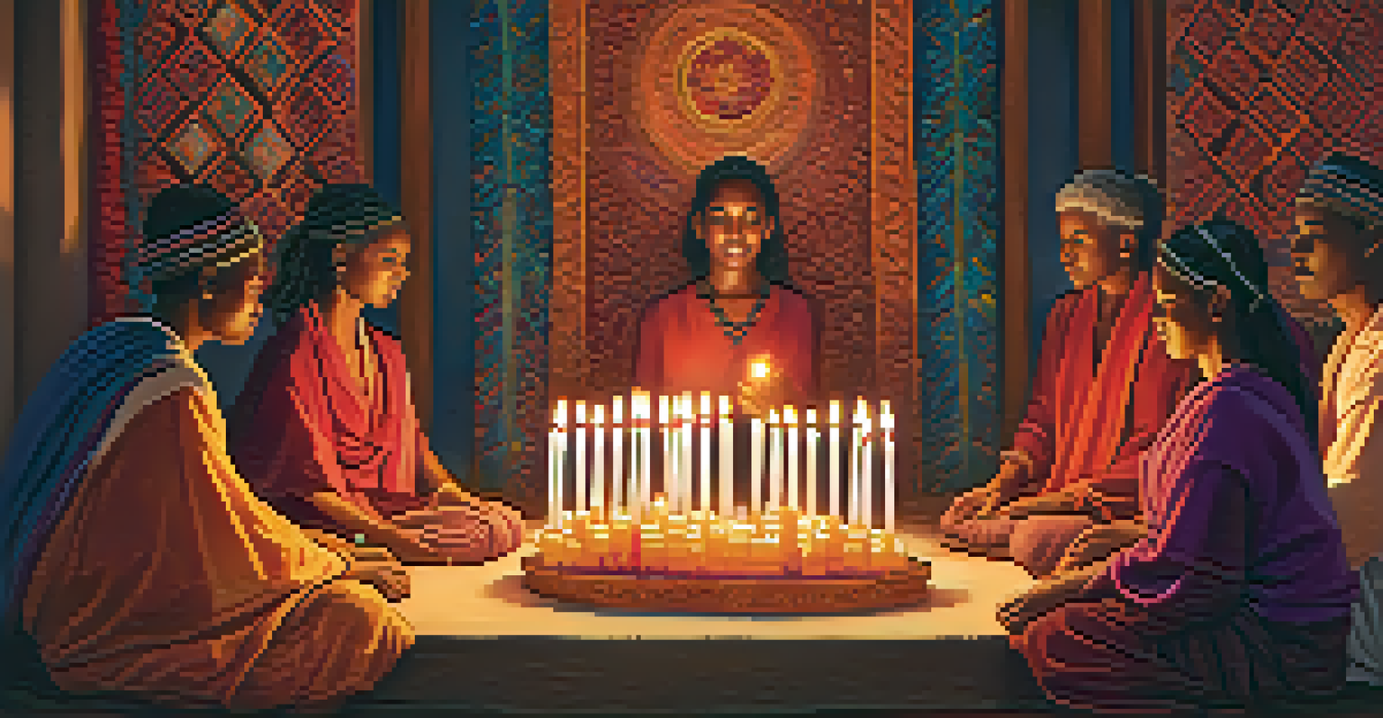 A group of people lighting candles during a spiritual celebration, their faces glowing in the warm light.