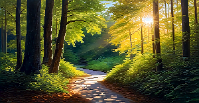 A winding path in a lush forest with sunlight filtering through the trees, and a person walking alone, representing a journey of self-discovery.